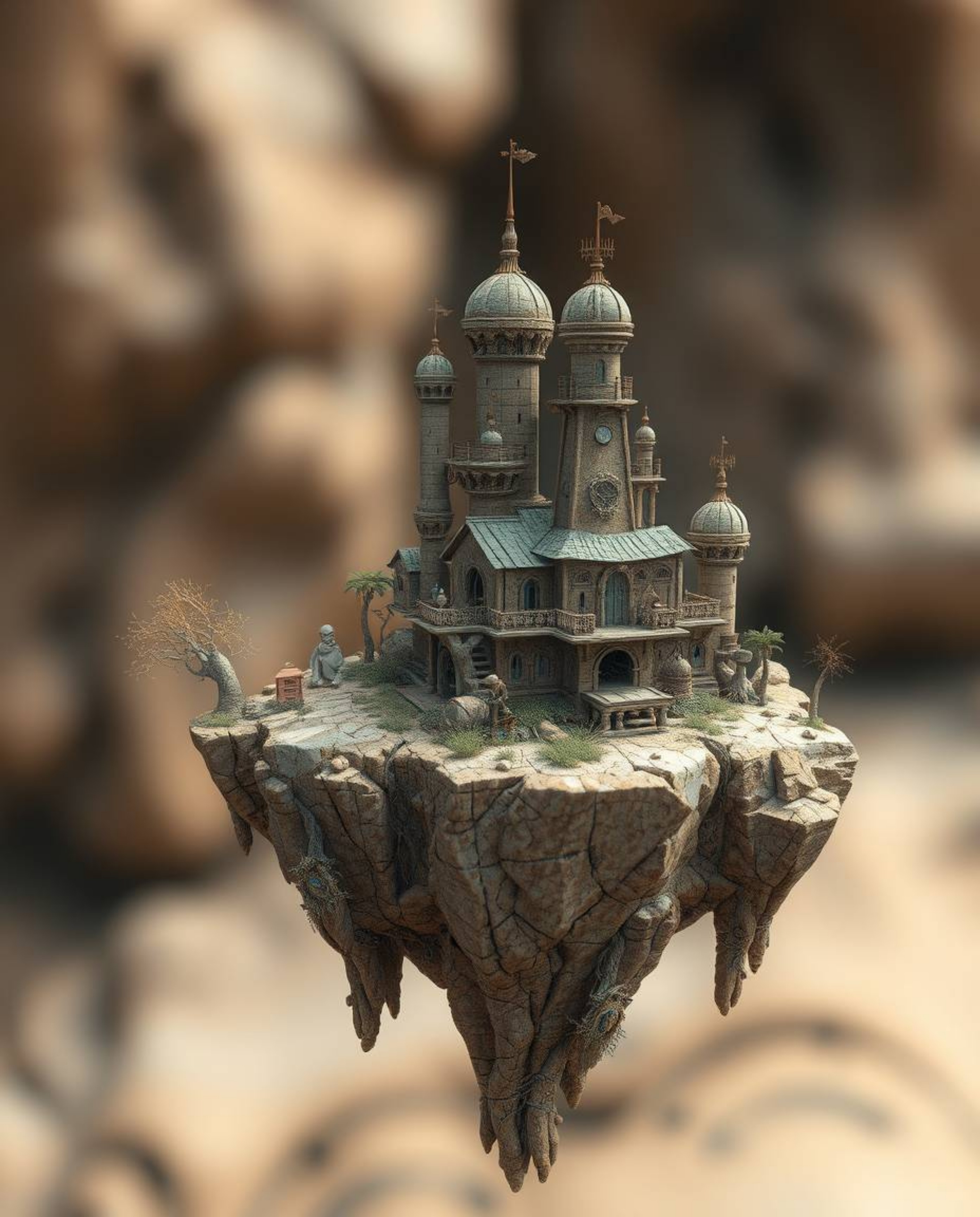 Explore a captivating surreal floating island adorned with peculiar architecture, rendered in stunning photorealistic detail.