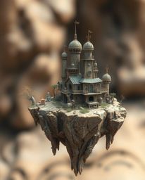 Explore a captivating surreal floating island adorned with peculiar architecture, rendered in stunning photorealistic detail.