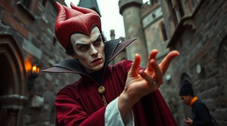 A captivating street photography style image captures a classic Disney villain with sharp features, casting a spell within th