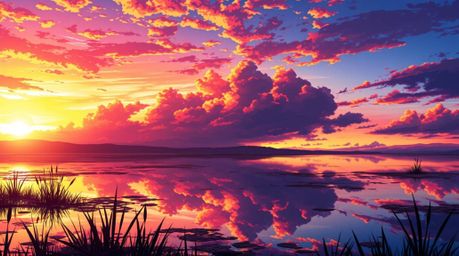 A captivating digital painting in the style of Isekai anime.  The artwork depicts a serene pond reflecting a vibrant, colorfu
