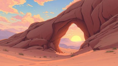 Experience the beauty of an isekai-inspired desert sunset framed by a natural rock arch. This artwork blends soft pastel colo