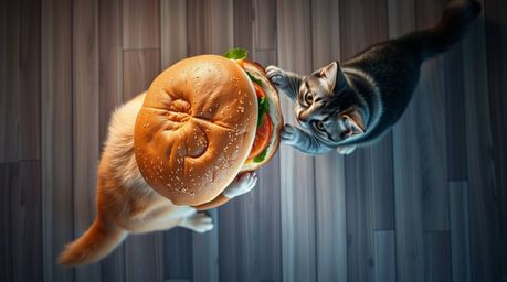 A captivating overhead shot depicts a dog and cat engaged in a comical battle over an enormous sandwich.  The scene is imbued