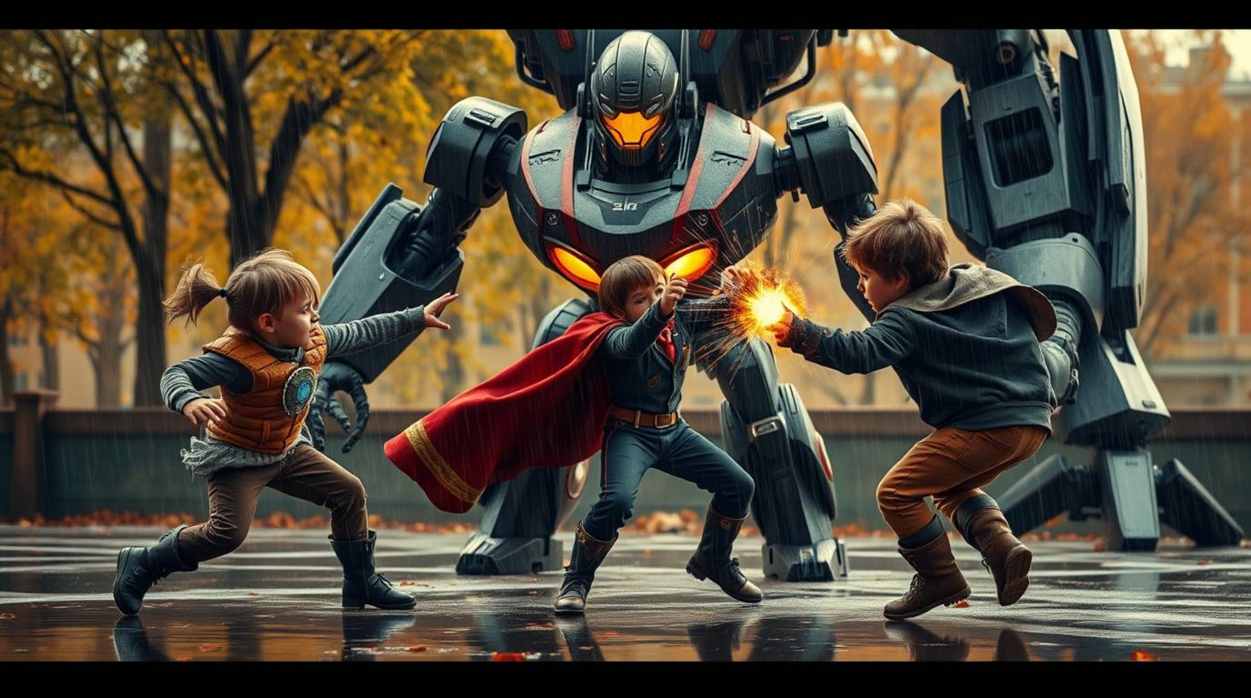 A captivating photograph depicts three superpowered children engaged in a dynamic battle against a formidable robot. The scen