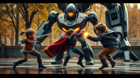 A captivating photograph depicts three superpowered children engaged in a dynamic battle against a formidable robot. The scen
