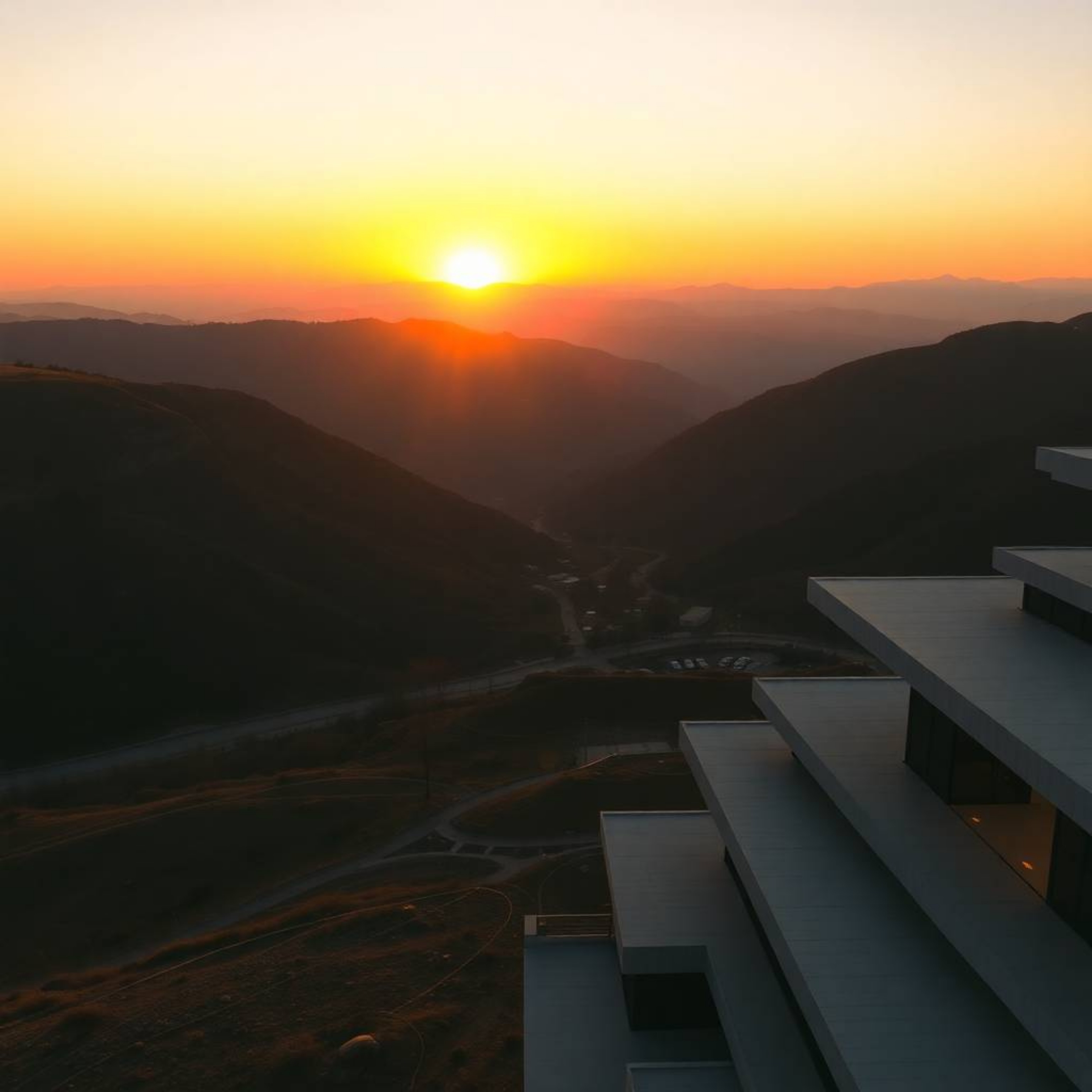 A stunning high-resolution architectural photograph captures a grand modern scene at sunset over a tranquil mountain valley. 