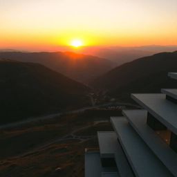 A stunning high-resolution architectural photograph captures a grand modern scene at sunset over a tranquil mountain valley. 