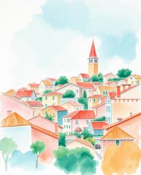 This vibrant watercolor painting captures the essence of a sleepy town, featuring charming pastel-colored houses bathed in wa