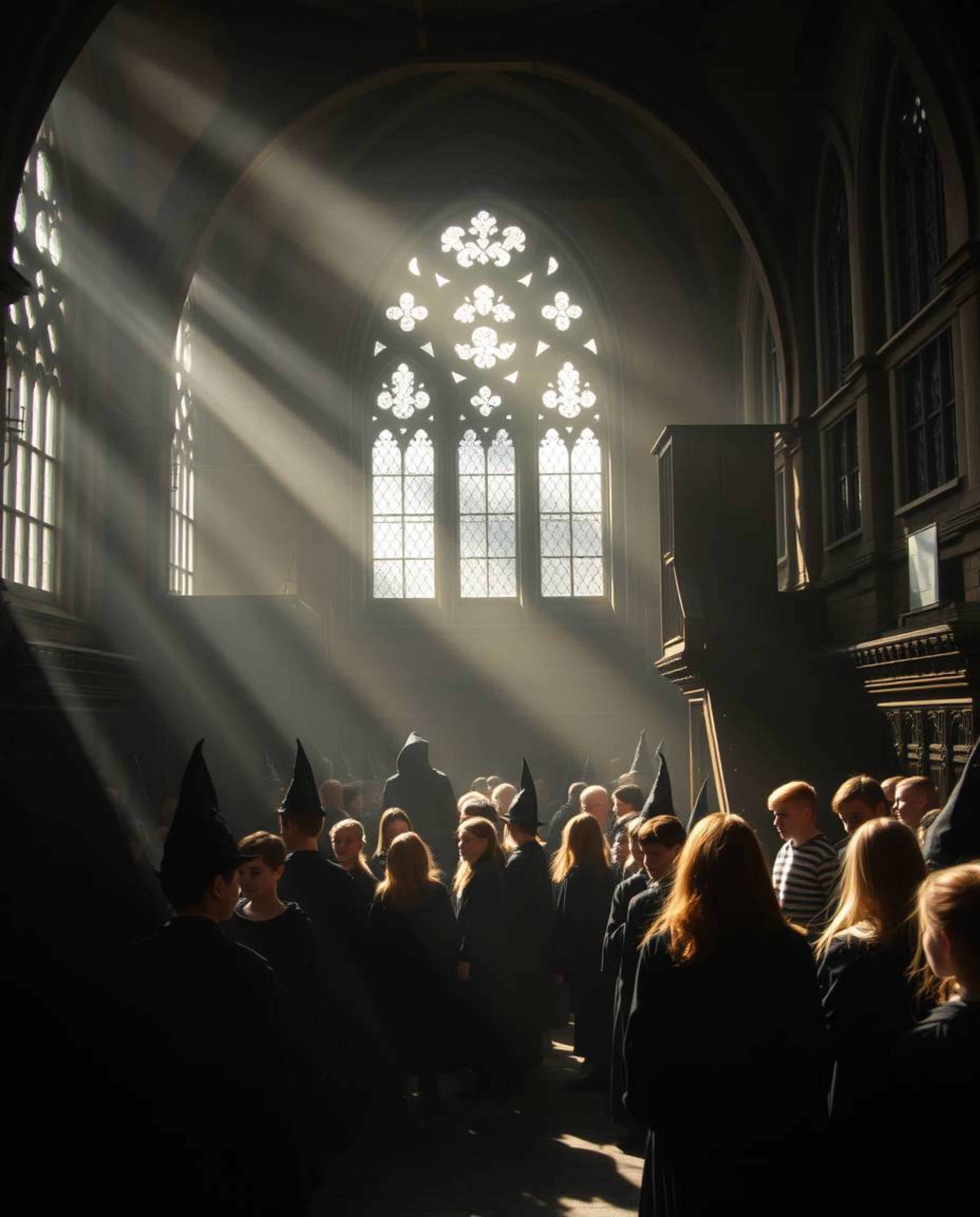 Discover a captivating image of a magical school filled with young wizards. The scene is bathed in soft, hazy light, contras