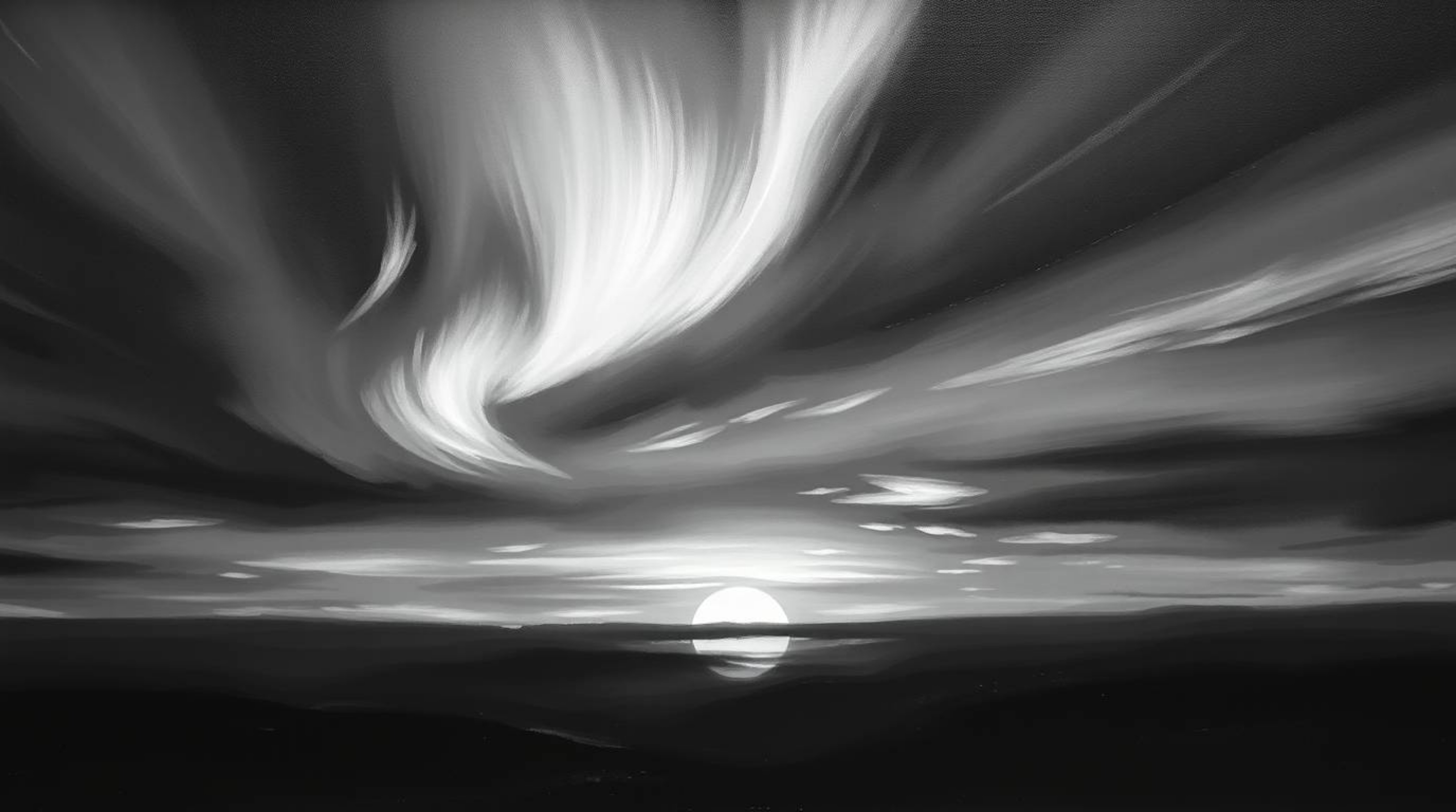 A captivating classic black and white oil painting depicts the ethereal beauty of the Northern Lights emerging over a vibrant