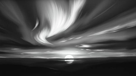 A captivating classic black and white oil painting depicts the ethereal beauty of the Northern Lights emerging over a vibrant