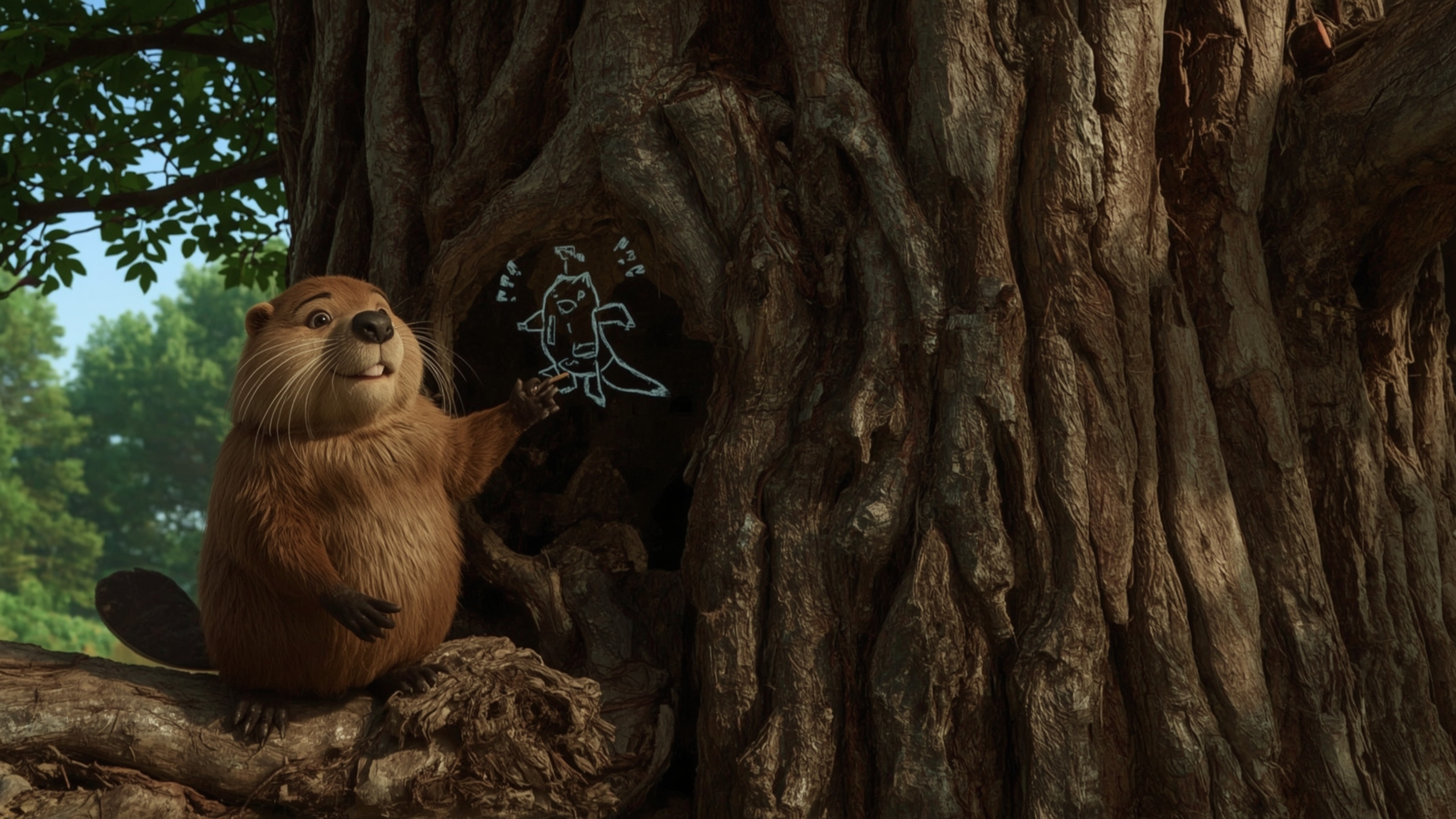 In a charming and whimsical scene rendered in a style reminiscent of Pixar animation, a hardworking beaver is building the pe