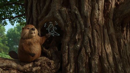 In a charming and whimsical scene rendered in a style reminiscent of Pixar animation, a hardworking beaver is building the pe