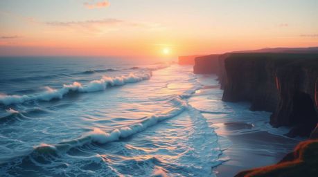 A captivating digital painting depicts waves crashing dramatically against rugged cliffs as the sun sets.  Rendered in soft p