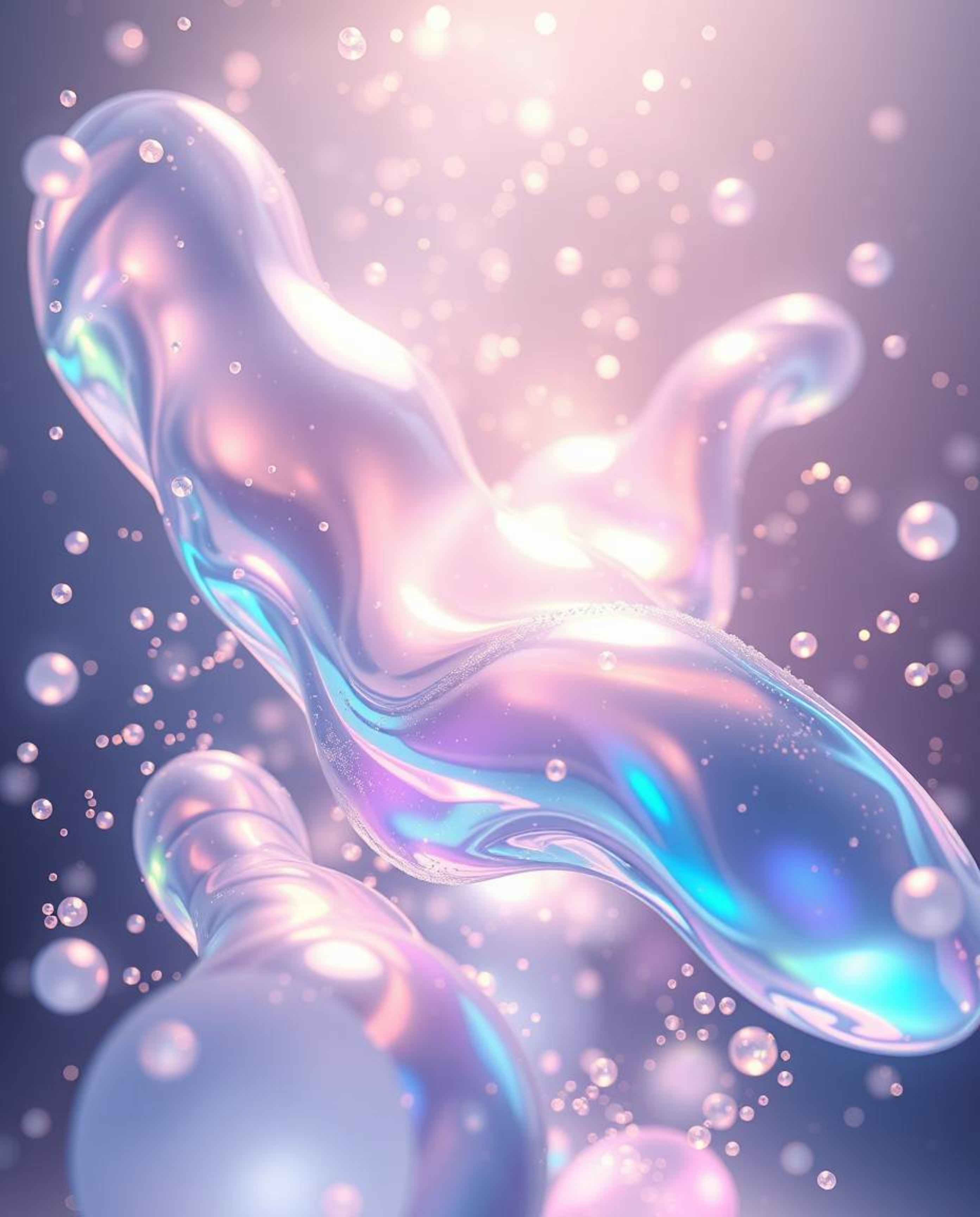 A mesmerizing digital painting showcases glassy fluid 3D shapes in dynamic motion, gracefully interacting with a swirl of glo