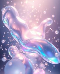 A mesmerizing digital painting showcases glassy fluid 3D shapes in dynamic motion, gracefully interacting with a swirl of glo