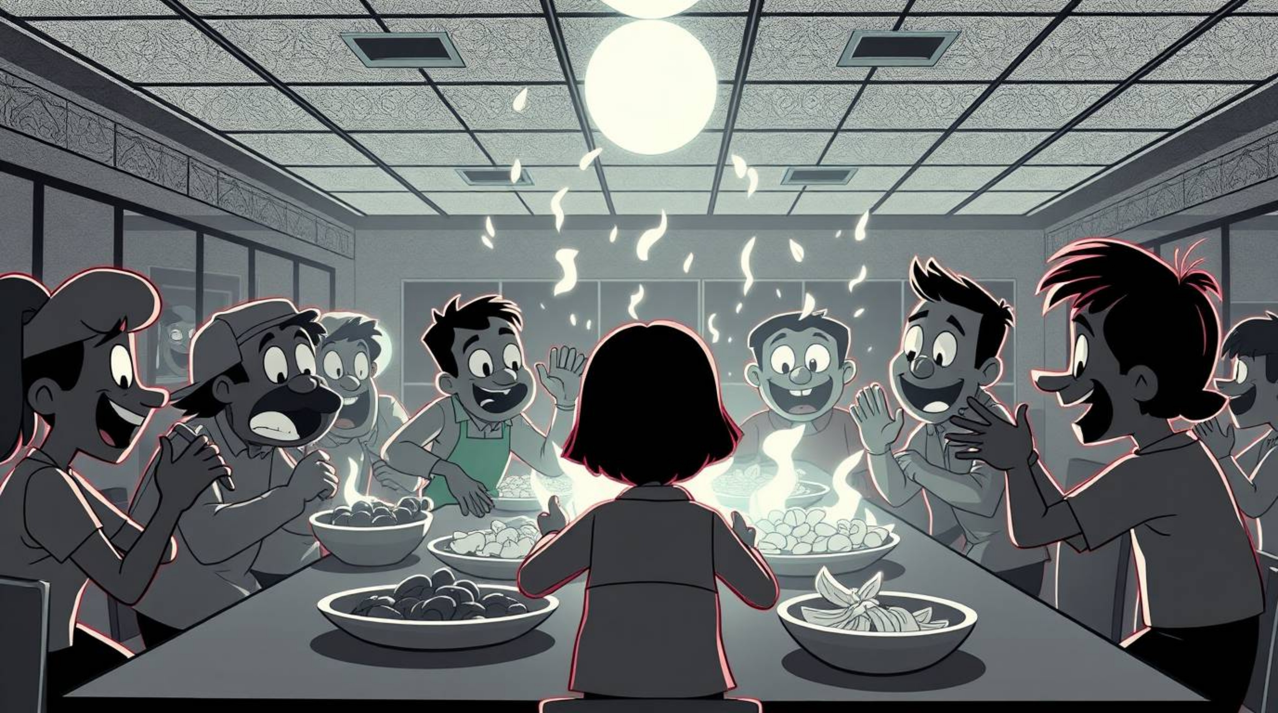 Experience a chaotic yet captivating scene with this black and white photograph depicting a cartoon cafeteria food fight brou