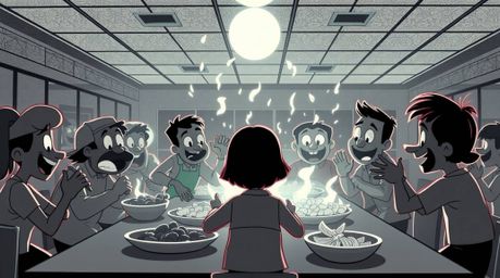 Experience a chaotic yet captivating scene with this black and white photograph depicting a cartoon cafeteria food fight brou
