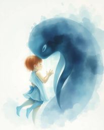 A delicate watercolor painting depicts a heartwarming scene of a sea creature and a human child gently touching. Utilizing t