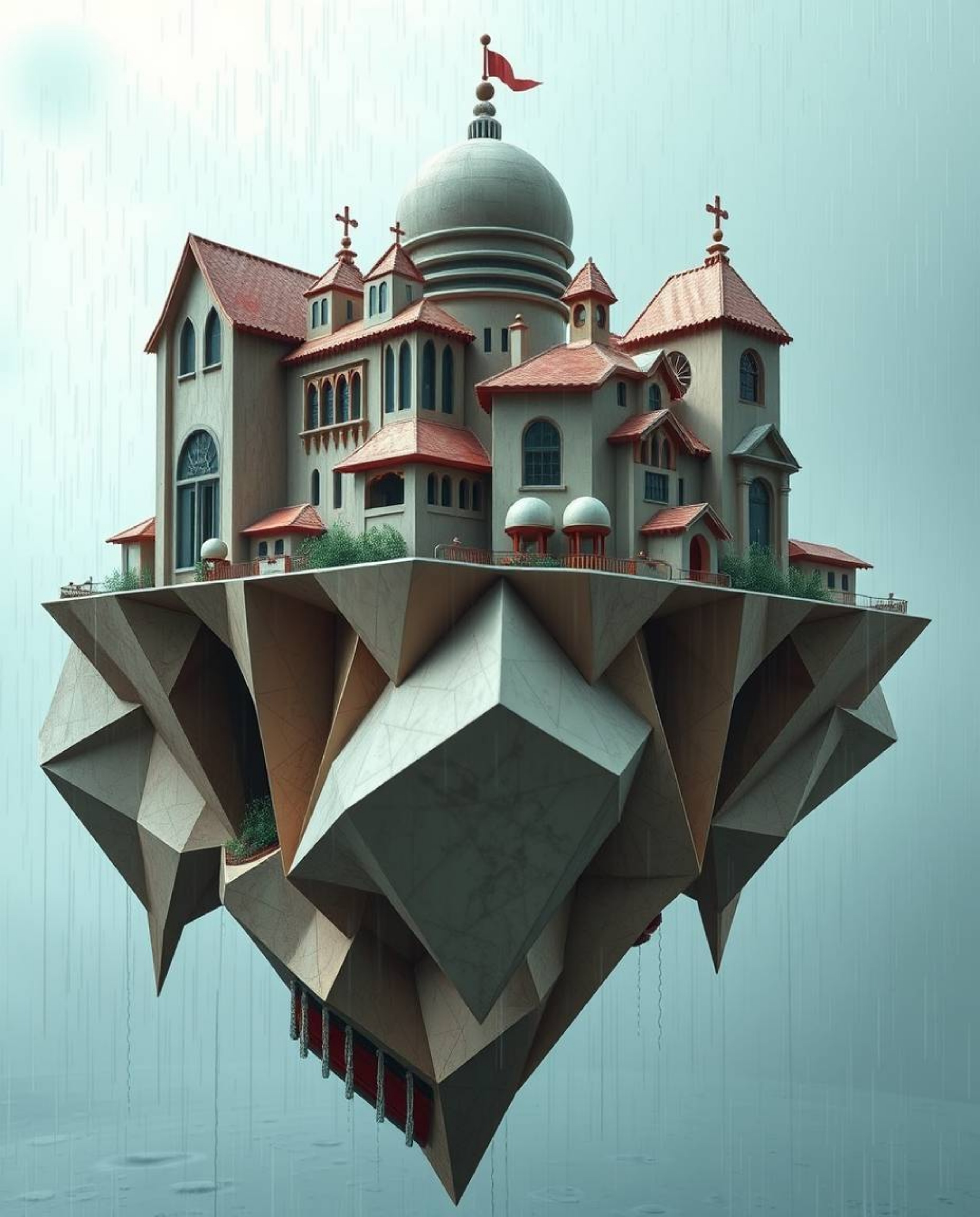 Experience the ethereal beauty of a surreal floating island, rendered in intricate origami style. This artwork showcases stra