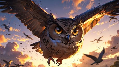 In a visually stunning and serene scene, blending the artistic styles of Pixar and anime, a wise blind owl takes on the role 