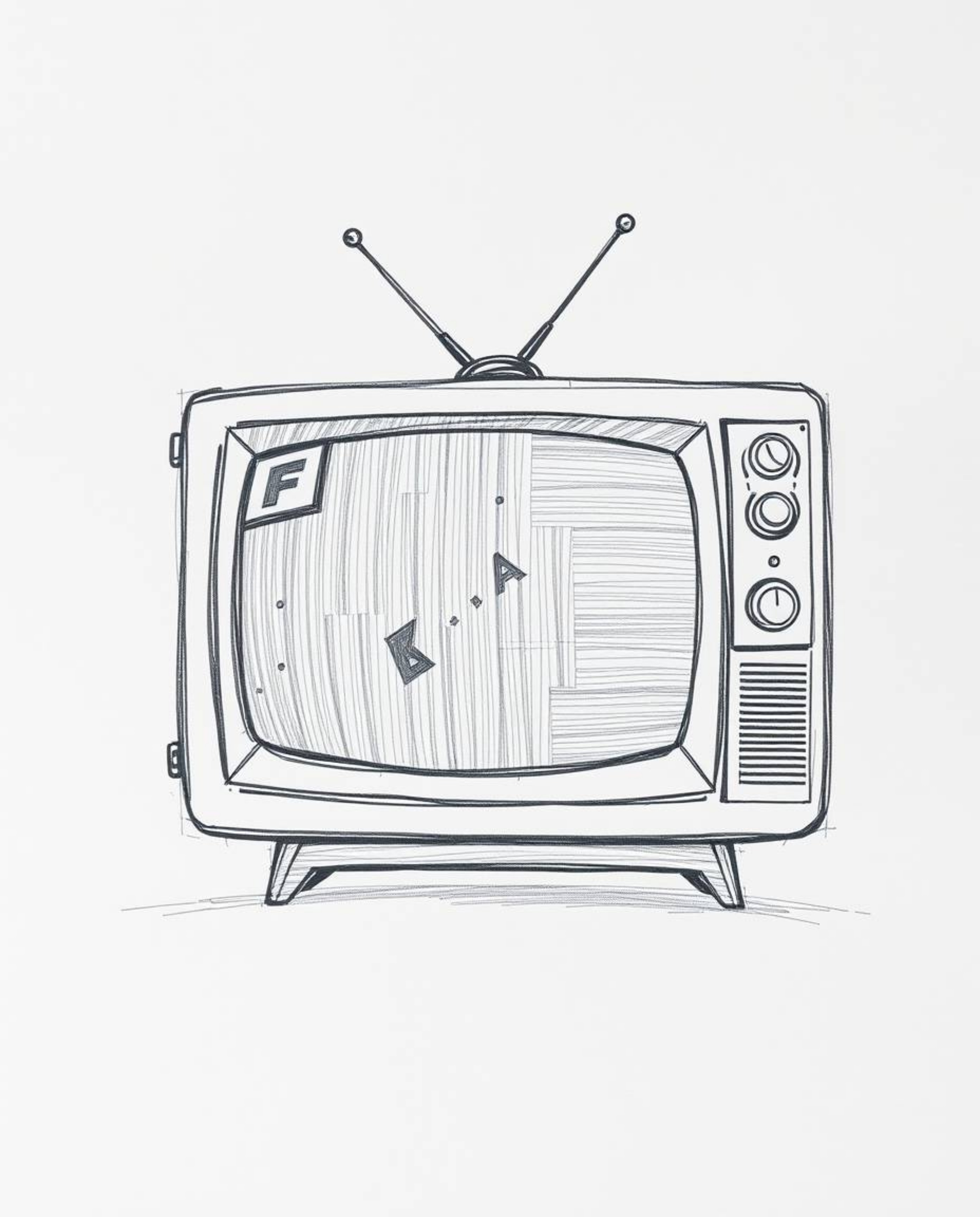 A captivating hand-drawn sketch depicts a TV screen overwhelmed by glitch static. Rendered in a retro style with RGB separati