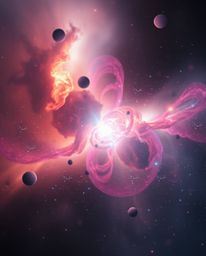 Witness a breathtaking spectacle of colliding galaxies, enveloped in a soft cinematic haze. This cosmic explosion bursts with