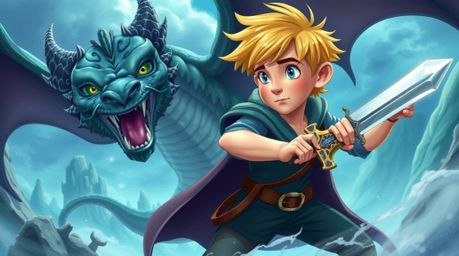 A charming prince, depicted in a captivating 1950s animation style, engages in a thrilling battle against a fearsome dragon. 
