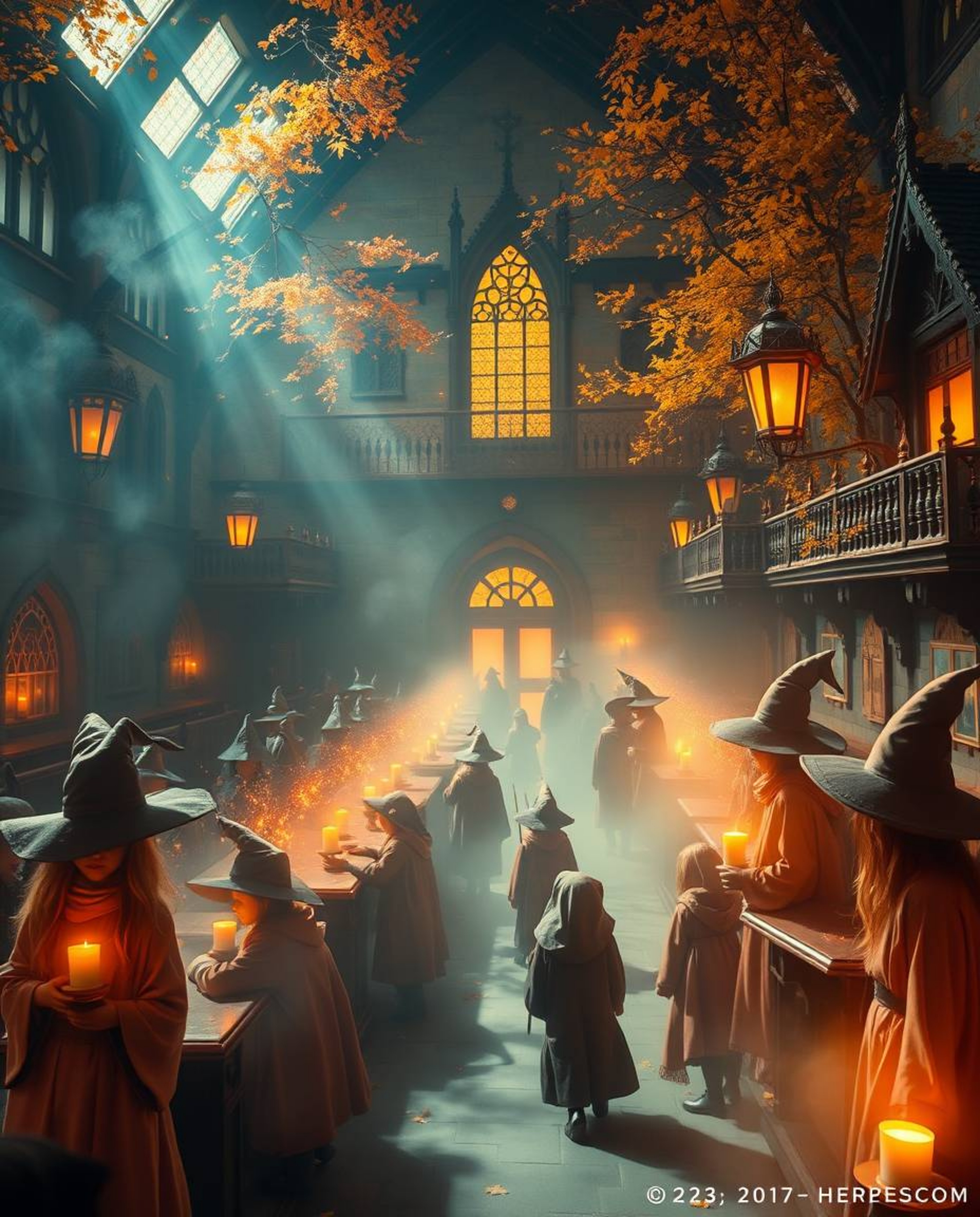 Step into a magical school bathed in the warm, inviting hues of autumn. This enchanting environment is filled with young wiza
