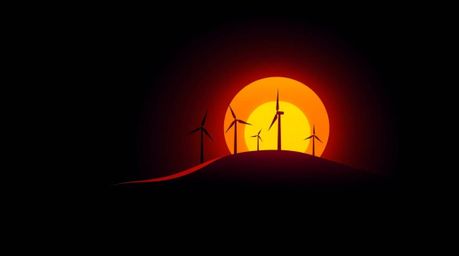 This creative light art inspired logo features a geometric sunset skillfully positioned behind a row of wind turbines on a hi