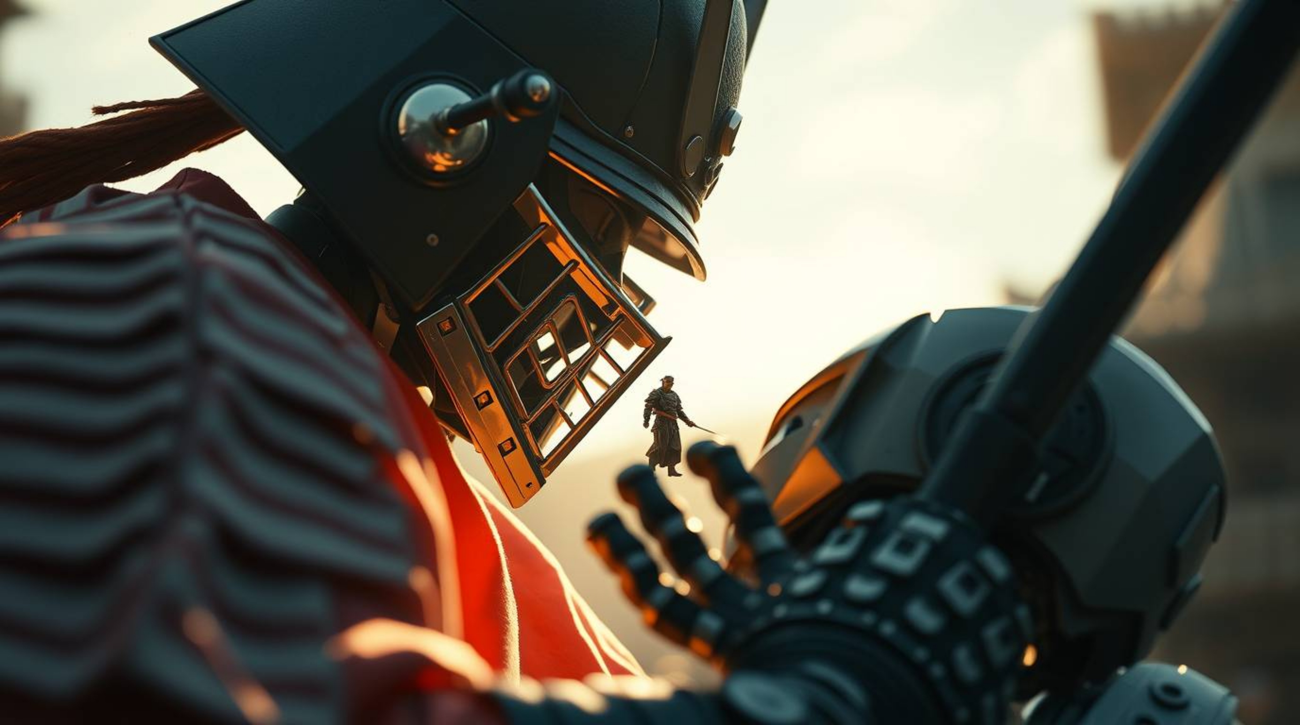 An extreme macro close-up photograph depicting a samurai and a robot clashing fiercely in a dystopian setting. The scene is b
