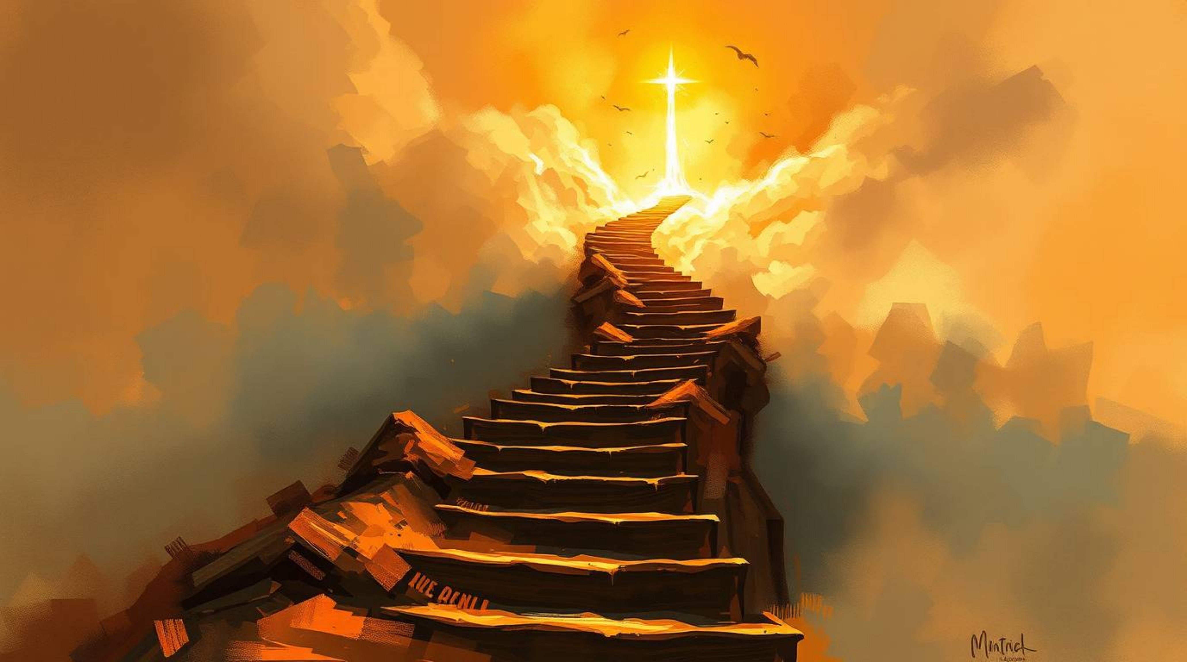 A captivating digital painting depicts a surreal stairway winding through smoky clouds towards a celestial light. Rendered i