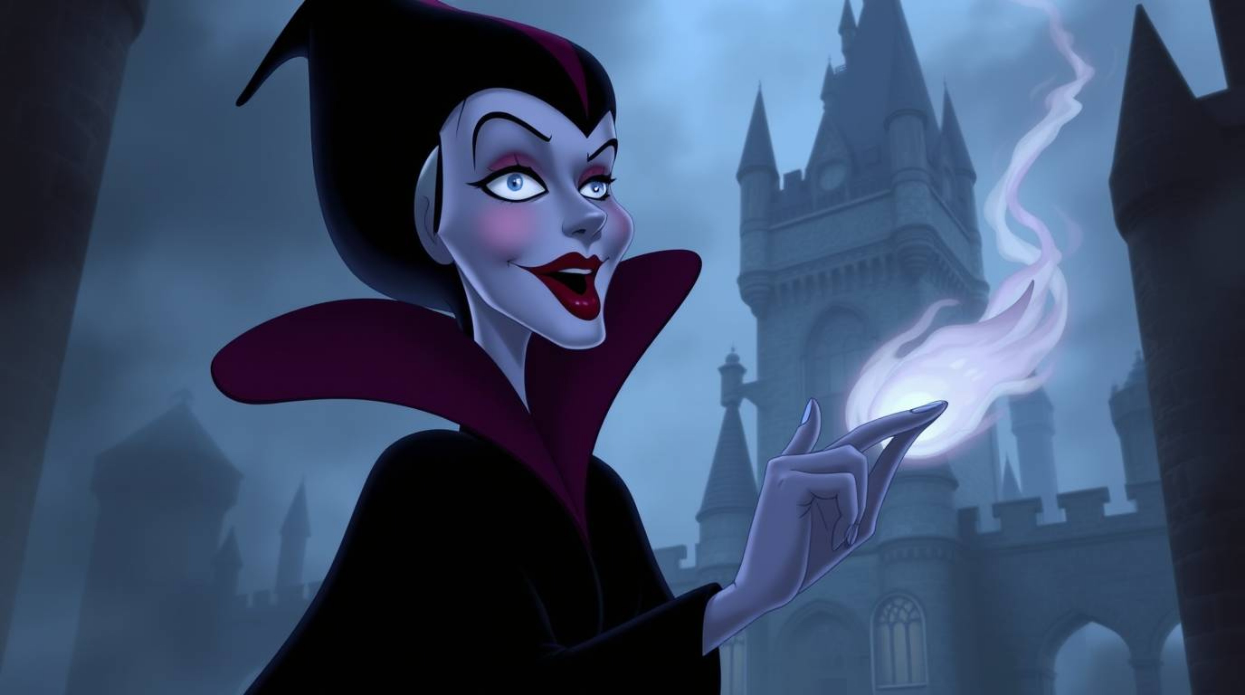 A classic Disney villain, adorned with meticulously detailed features and dark burgundy lipstick, casts a spell within an old