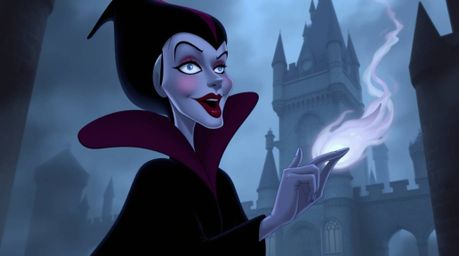 A classic Disney villain, adorned with meticulously detailed features and dark burgundy lipstick, casts a spell within an old