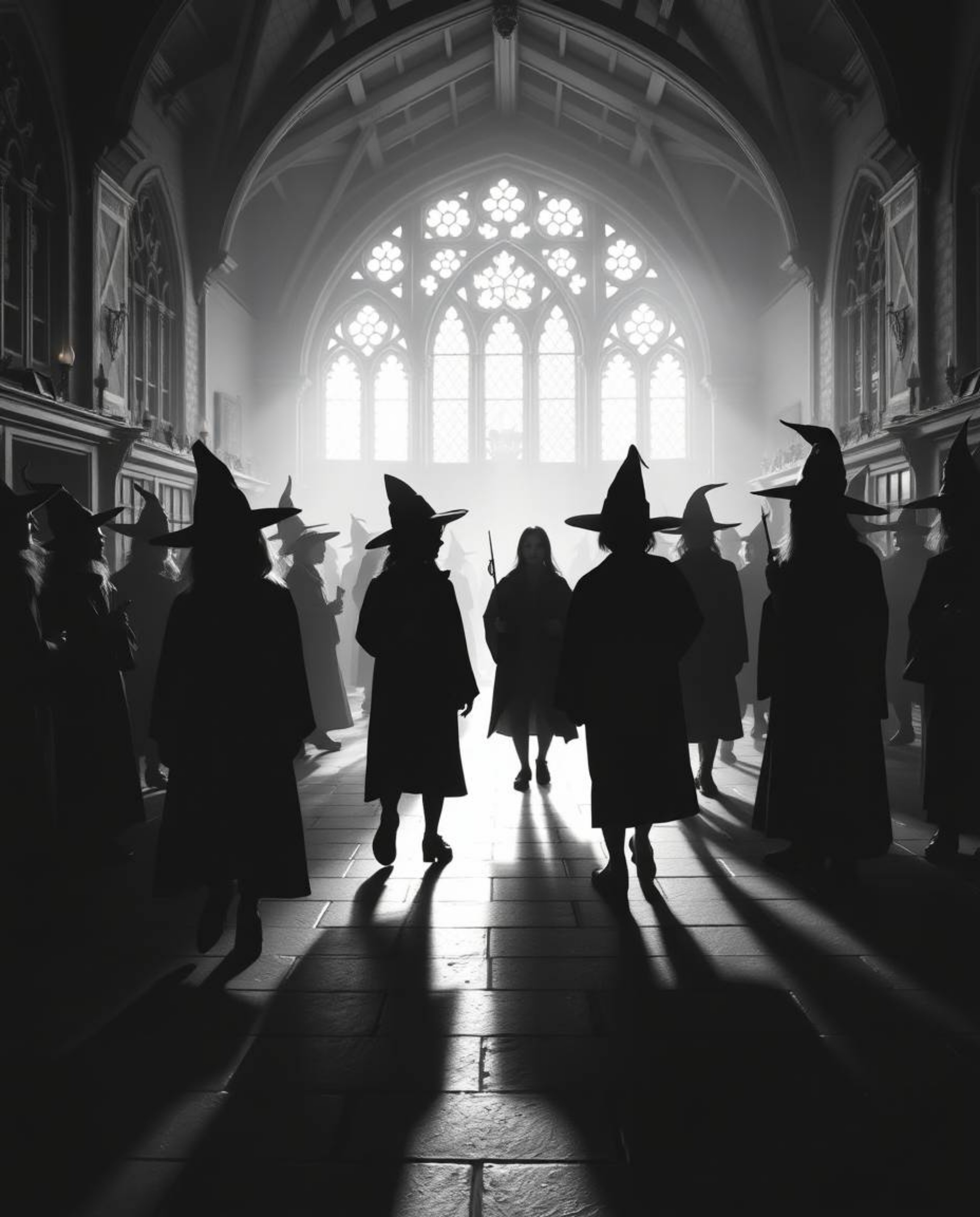 Explore a magical school teeming with young wizards depicted in a classic black and white style. Silhouetted figures are bath