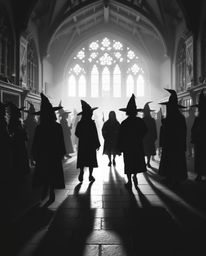 Explore a magical school teeming with young wizards depicted in a classic black and white style. Silhouetted figures are bath
