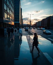 An innovative image where iridescent colors overlay candid street photography, featuring a glassy fjord reflecting a sunset w