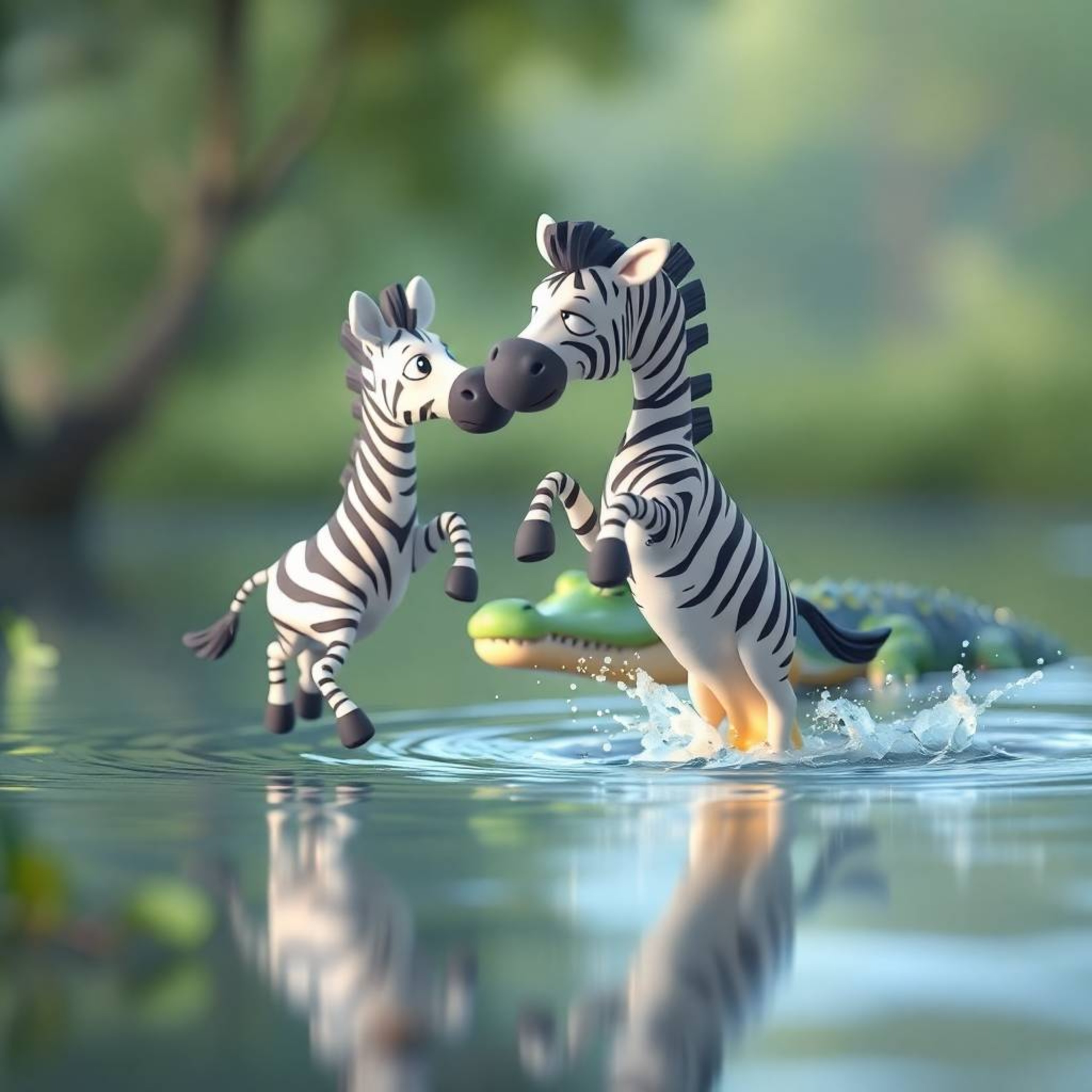 A charming 3D cartoon scene depicts a zebra leaping from a riverbank, its expression conveying fear as a crocodile splashes i
