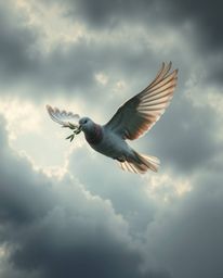 A captivating image of a dove carrying an olive branch, soaring through dramatically stormy skies.  The scene is rendered wit