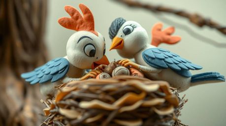 A tight close-up shot showcases two cartoon birds, rendered in a classic animation style, diligently building a nest. The bir