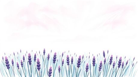 This artwork depicts lavender fields bathed in the ethereal glow of a dreamy pink sky.  Rendered in a hand-drawn style with t