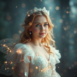 A captivating cinematic image depicts a fairy godmother emerging from a swirl of dazzling sparkles. The scene features a blu