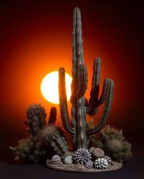 A cast bronze sculpture beautifully captures a desert cactus glowing in the sunset. The piece is finished with a rich patina 