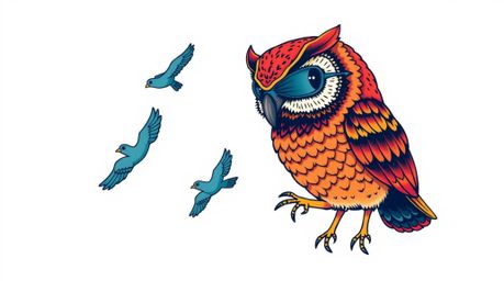 This vibrant art print features a traditional tattoo-style design of a blind owl in a Pixar-like rendering, depicted encourag