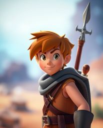 Embark on a thrilling Disney-style desert adventure with a brave hero, sharply focused against a mesmerizing cool-toned blurr