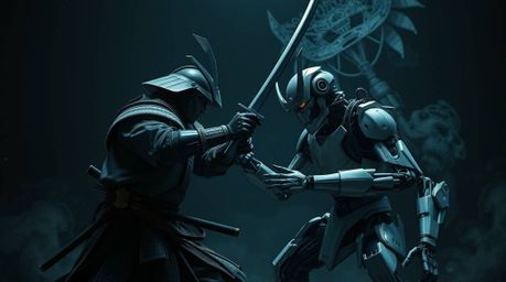 A captivating high-resolution stock photo depicts a fierce battle between a samurai and a robot in a dark, unsettling dystopi