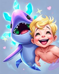 This vibrant digital illustration captures the heartwarming scene of a unique sea creature with electric blue fins befriendin