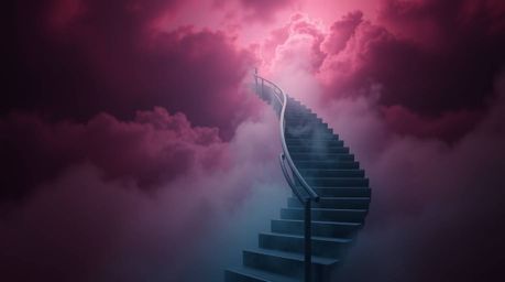 A captivating image depicts a winding stairway composed of smoke and light, ascending into a vast, cloudy sky.  The rich burg