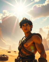 A brave, tanned hero, reminiscent of Disney animation, embarks on a surreal desert adventure. The scene is rendered in a vib