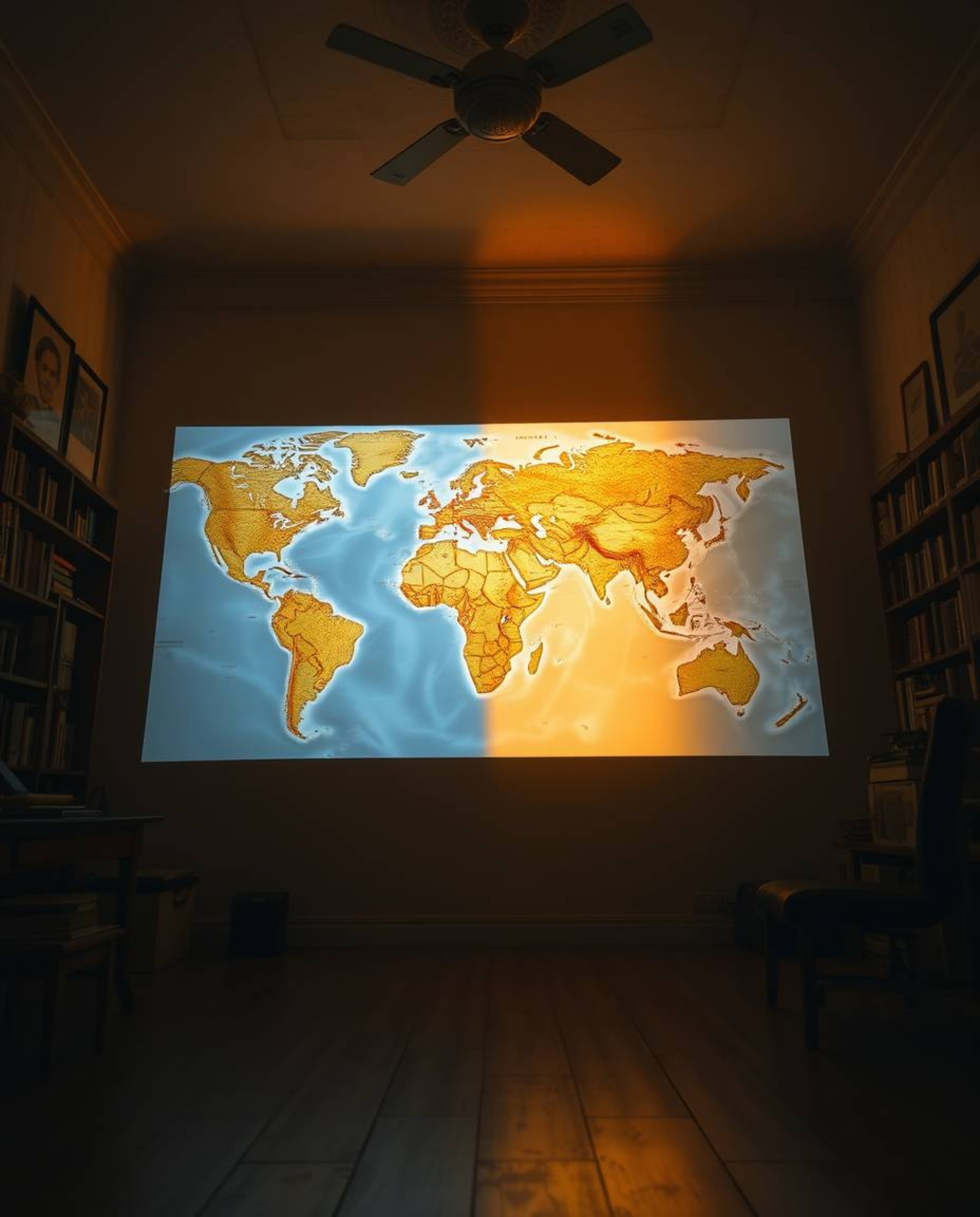 Capture the magic of a glowing map projected in an old study, illuminated by the warm, soft light of the golden hour. This im