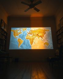 Capture the magic of a glowing map projected in an old study, illuminated by the warm, soft light of the golden hour. This im